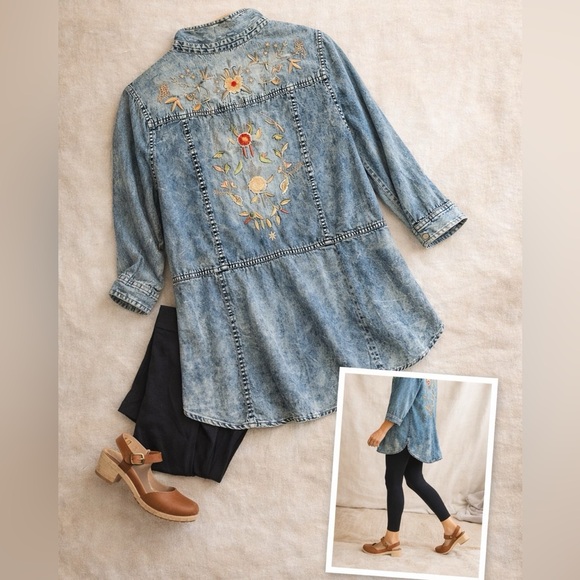 Boho Embroidered Denim Shirt | Acid Wash | Longline Tunic Y2K - Picture 4 of 8